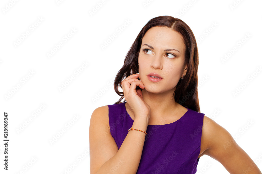 Young brunette woman in purple dress, isolated on white Young brunette woman in purple dress, isolated on white