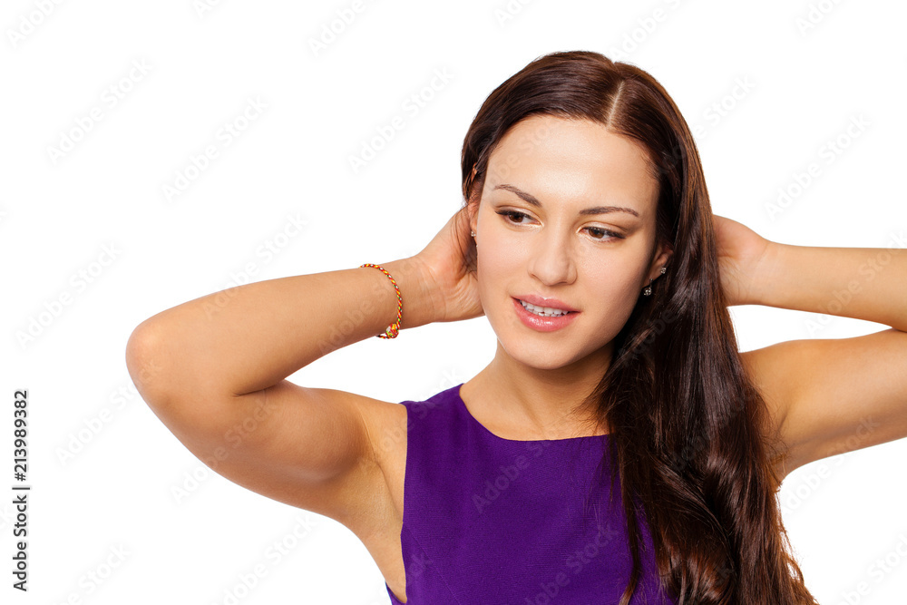 Young brunette woman in purple dress, isolated on white Young brunette woman in purple dress, isolated on white