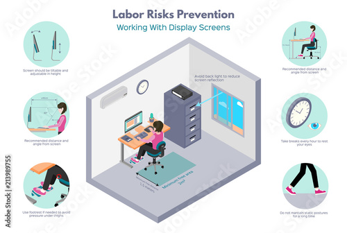 Labor risks prevention. Office works. Recomendations about working with display screens. Isometric illustration, isolated on white background. photo