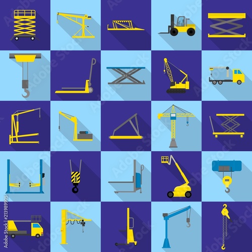 Lifting machine equipment icons set. Flat illustration of 25 lifting machine equipment cargo vector icons for web