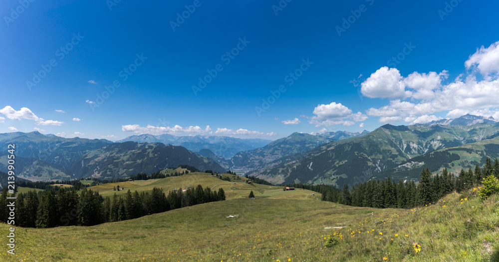green meadows and great mountain landscape view in Switzerland above Klosters