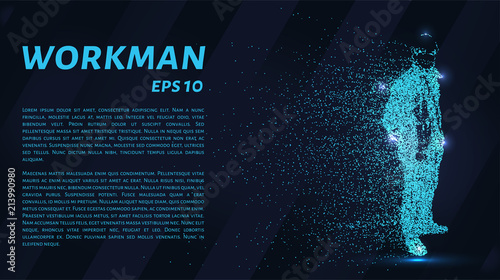 Working of the particles. Worker in a helmet with a walkie-talkie consists of circles and points. Vector illustration.