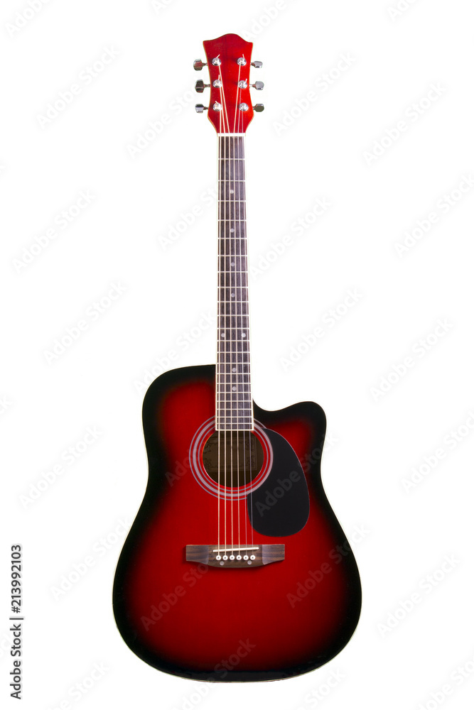 Obraz premium acoustic guitar red, isolated on white background stylish art Spanish musical instrument six-string, classical.
