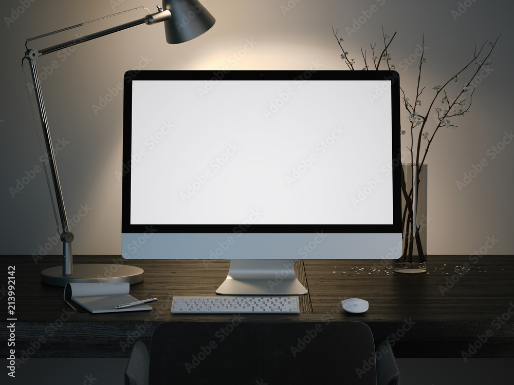 PC with blank screen on wooden table. 3d rendering PC with blank screen on wooden table. 3d rendering