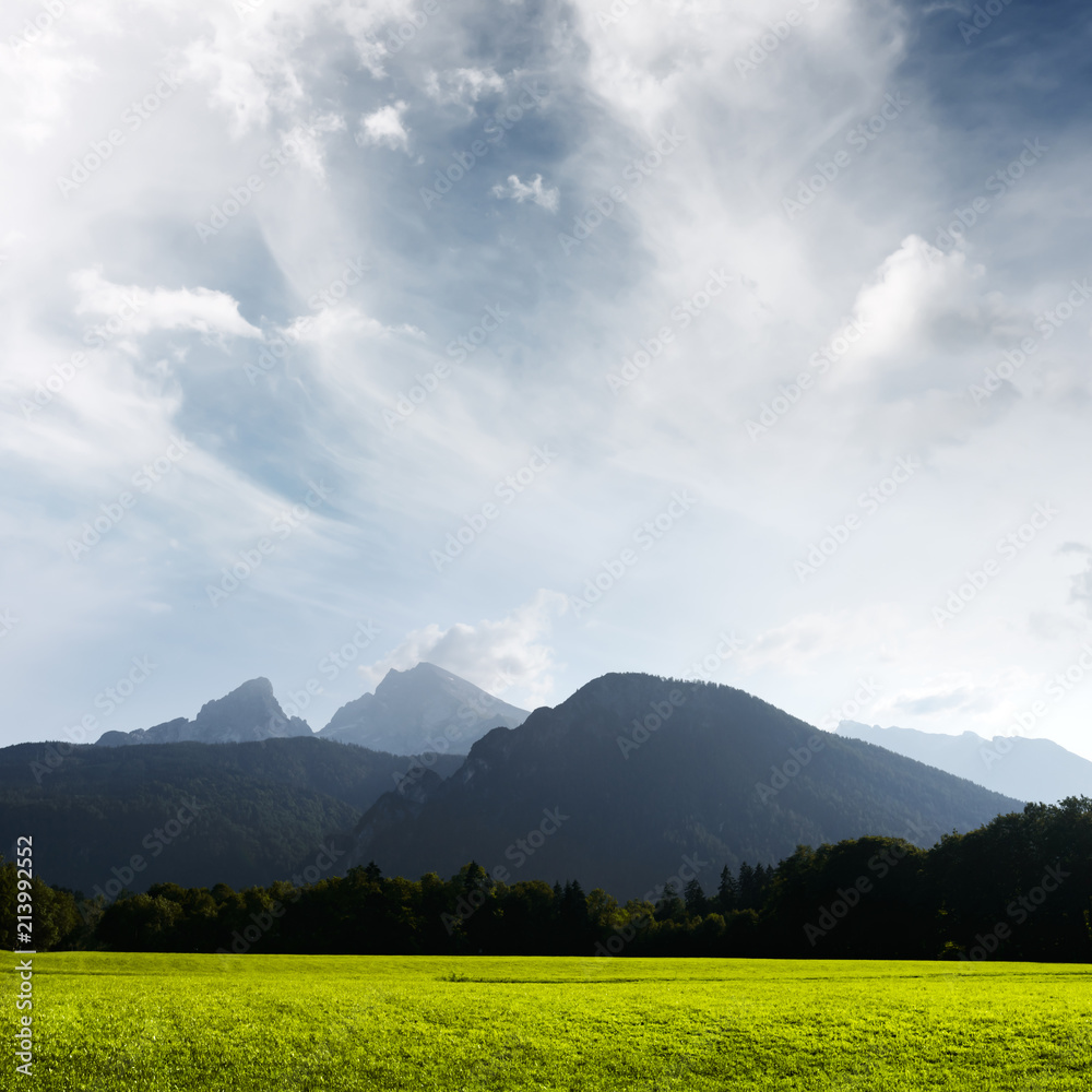 Beautiful view on green meadow and high mountains in German Alps, Europe