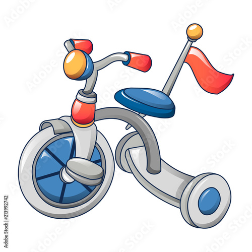 Tricycle with red flag icon. Cartoon of tricycle with red flag vector icon for web design isolated on white background