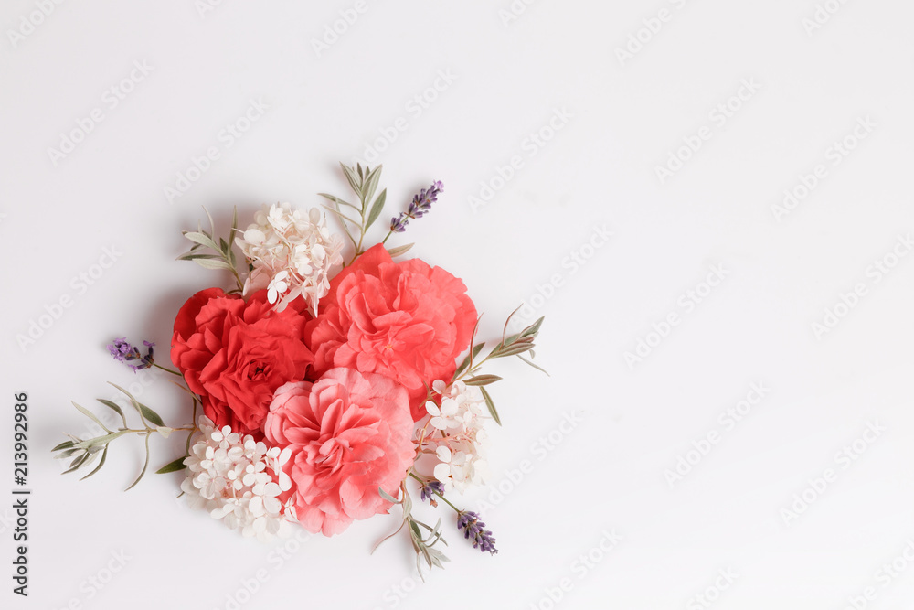 Festive flowers red begonia, white hydrangea composition on the white background. Overhead top view, flat lay. Copy space. Birthday, Mother's, Valentines, Women's, Wedding Day concept Festive flowers red begonia, white hydrangea composition on the white background. Overhead top view, flat lay. Copy space. Birthday, Mother's, Valentines, Women's, Wedding Day concept