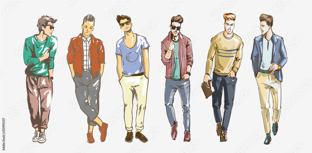 Fashion man. Collection of fashionable men s sketches on a white background.  Men casual fashion illustration Stock Vector | Adobe Stock