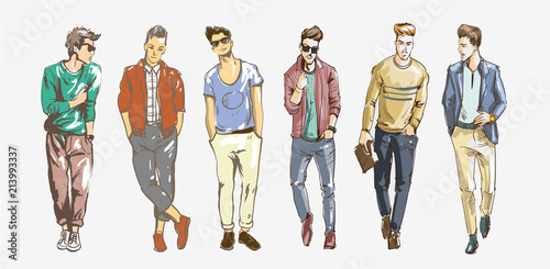 Fashion man. Collection of fashionable men s sketches on a white background. Men casual fashion illustration