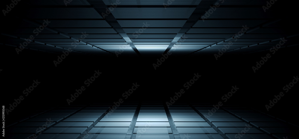 Sci Fi Futuristic Empty Modern Design Room With Floor And Ceiling And Spot Lightning With Empty Dark Space In Middle Technology Concept 3D Rendering