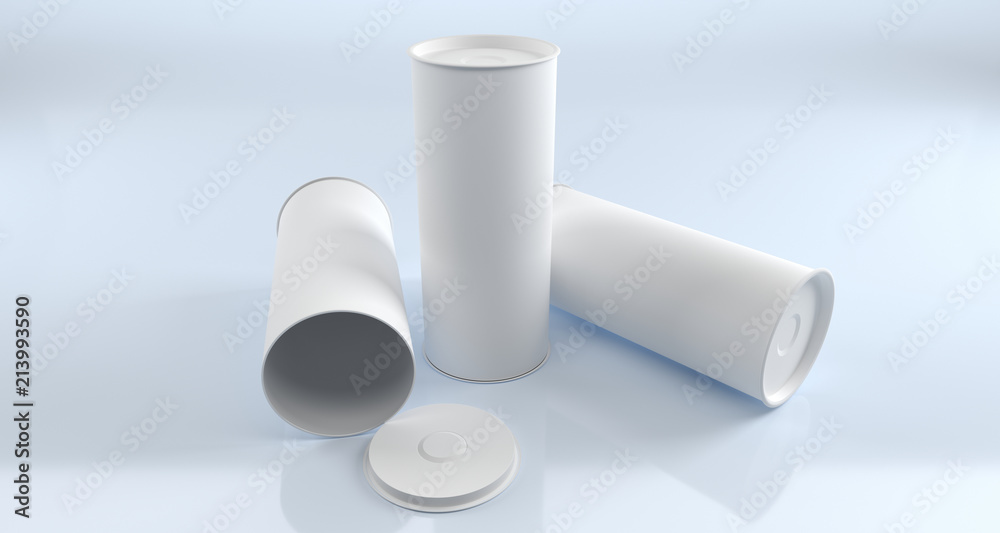 Empty Opened Closed And Standing Tube Cylinder Packages With White Material Light Studio Shot 3D Rendering Empty Opened Closed And Standing Tube Cylinder Packages With White Material Light Studio Shot 3D Rendering