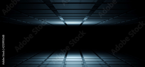 Sci Fi Futuristic Empty Modern Design Room With Floor And Ceiling And Spot Lightning With Empty Dark Space In Middle Technology Concept 3D Rendering