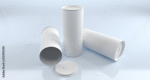 Empty Opened Closed And Standing Tube Cylinder Packages With White Material Light Studio Shot 3D Rendering