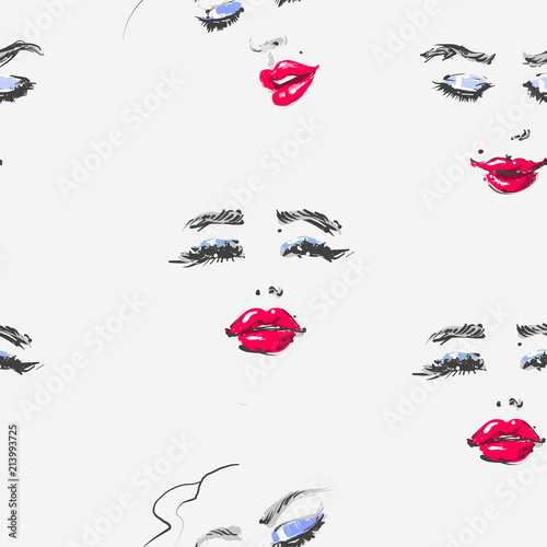 Hand drawn Woman face with red lipstick in different mood fashion illustration seamless pattern for prints and backgrounds