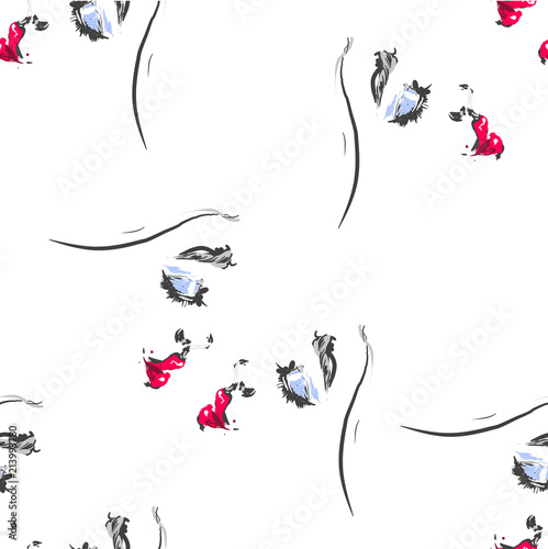 Hand drawn Woman faces kissing with red lipstick , fashion illustration seamless pattern for prints and web backgrounds