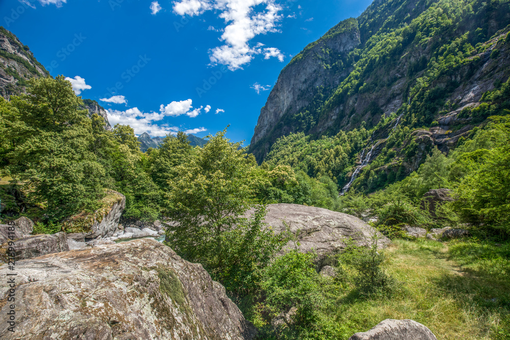 Bavona river with Swiss Alps in canton Ticino, Bavona valley, Switzerland, Europe Bavona river with Swiss Alps in canton Ticino, Bavona valley, Switzerland, Europe