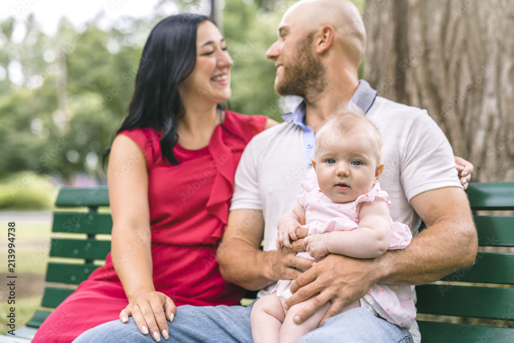 Father Mother and daughter baby in summer meadow park Father Mother and daughter baby in summer meadow park