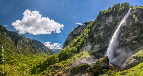 Foroglio waterfall with Swiss Alps in cantonTicino, Bavona valley, Switzerland, Europe photo