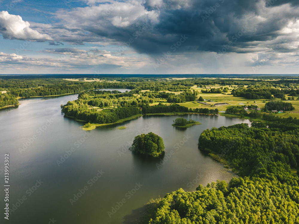 Drone aerial view of lake and forest