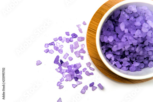 Healthy sea salt in wooden bowl close up