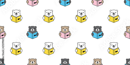 bear seamless pattern vector polar bear reading book teddy panda cartoon illustration background wallpaper isolated