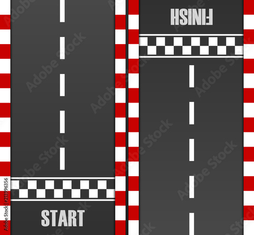 Start and finish line racing background top view. Grunge textured on the asphalt road. Abstract concept graphic element. Vector EPS10 illustration.