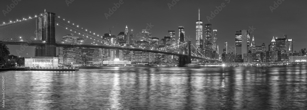 Black and white picture of New York City skyline at night, USA.