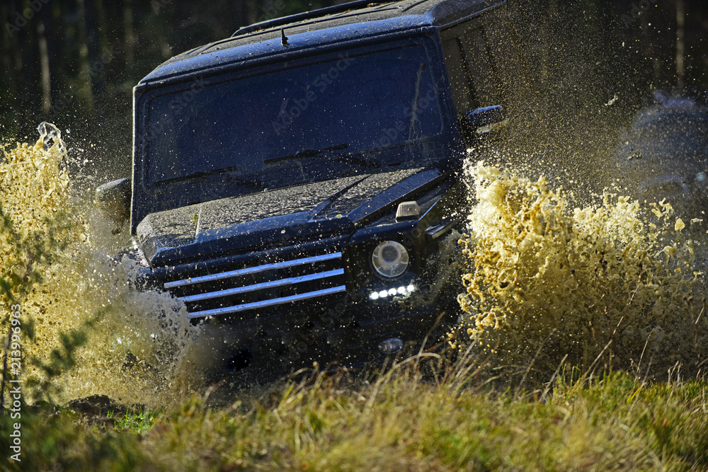 Extreme, challenge and 4x4 vehicle concept. Car racing in autumn forest. Offroad race on fall nature background. SUV or offroad car on path covered with grass crossing puddle with water splash Extreme, challenge and 4x4 vehicle concept. Car racing in autumn forest. Offroad race on fall nature background. SUV or offroad car on path covered with grass crossing puddle with water splash