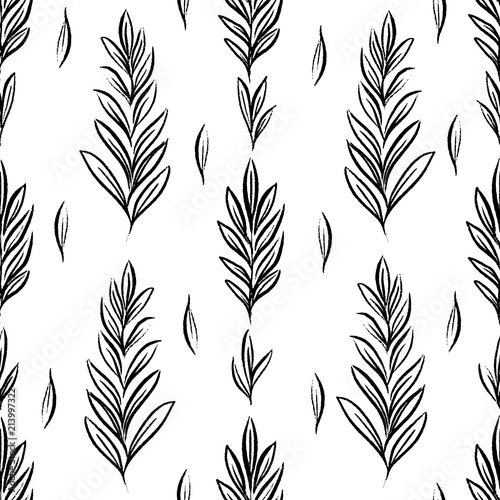 Vector seamless pattern with botanical motif, artistic botanical illustration, isolated floral elements in repeatable order, hand drawn illustration.