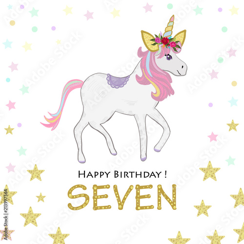 Seven birthday greeting. Seventh. Magical Unicorn Birthday invitation. Party invitation greeting card