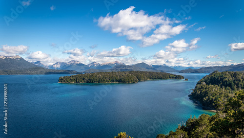 View of Nahuel Huapi Lake and Fray Menendez Island from Brazo Norte Viewpoint at Arrayanes National Park - Villa La Angostura, Patagonia, Argentina