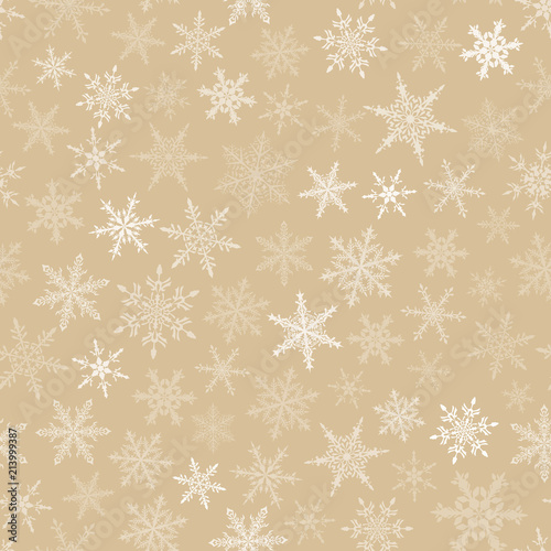 Christmas seamless pattern of snowflakes, white on beige background.