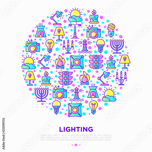 Lighting concept in circle with thin line icons: bulb, LED, CFL, candle, table lamp, sunlight, spotlight, flash, candelabrum, bonfire, menorah, lighthouse. Vector illustration, print media template.