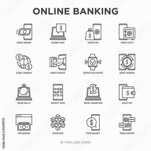 Online banking thin line icons set: deposit app, money safety, internet bank, contactless payment, credit card, online transaction, check balance, mobile support, blockchain. Vector illustration.