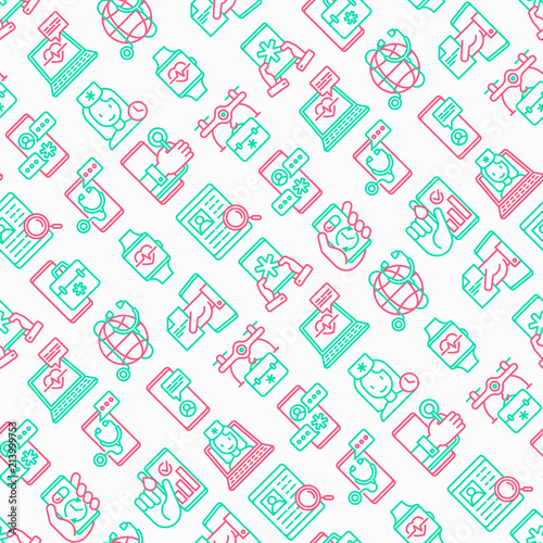 Online medicine, telemedicine seamless pattern with thin line icons: pill timer, ambulance online, medical drone, tracker, mHealth, messenger, check symptomps. Modern vector illustration.