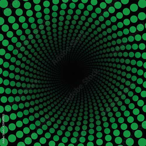 Spiral pattern with green dots, tunnel with black center - twisted circular fractal background illustration.