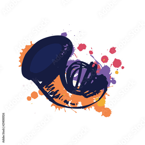 Hand drawn music poster with trombone and splashes. Grunge Jazz poster