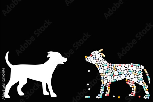Pills that shape a dog. Symbol for pets healthcare issues, veterinary medicine, pharmacy, antibiotics or diet - isolated vector illustration on black background.