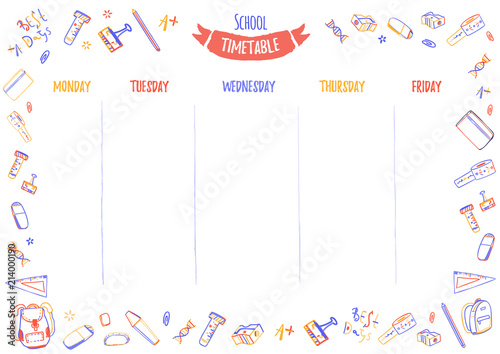 School timetable for pupils or students with 5 days of week with doodle colorful school supplies. Organize your day
