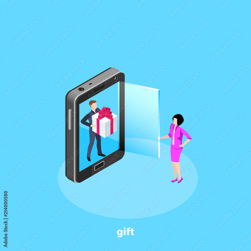a man in a business suit with a gift box is standing in the smartphone and next to it there is a woman opening the screen, an isometric image a man in a business suit with a gift box is standing in the smartphone and next to it there is a woman opening the screen, an isometric image