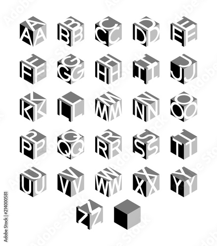 Isometric alphabet set. Vector geometric cubic letters.
