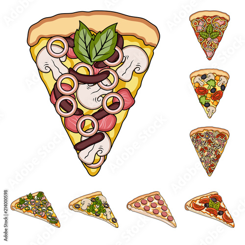 Different pizza cartoon icons in set collection for design.Pizza food vector symbol stock web illustration.