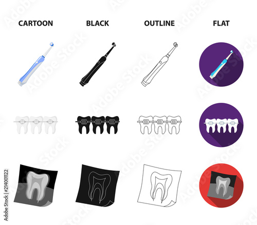 Mint chewing gum with mint leaves, toothbrush with bristles, bregettes with teeth, X-ray of the tooth. Dental care set collection icons in cartoon,black,outline,flat style vector symbol stock