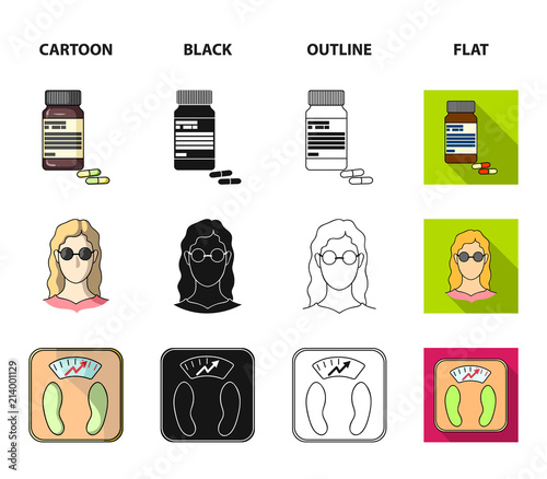 Full woman, a girl with glasses, a scales with exquisite result. Diabeth set collection icons in cartoon,black,outline,flat style vector symbol stock illustration web.