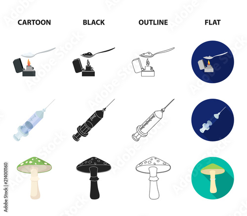 Cigarettes, a syringe, a galoyucinogenic fungus, heroin in a spoon.Drug set collection icons in cartoon,black,outline,flat style vector symbol stock illustration web.