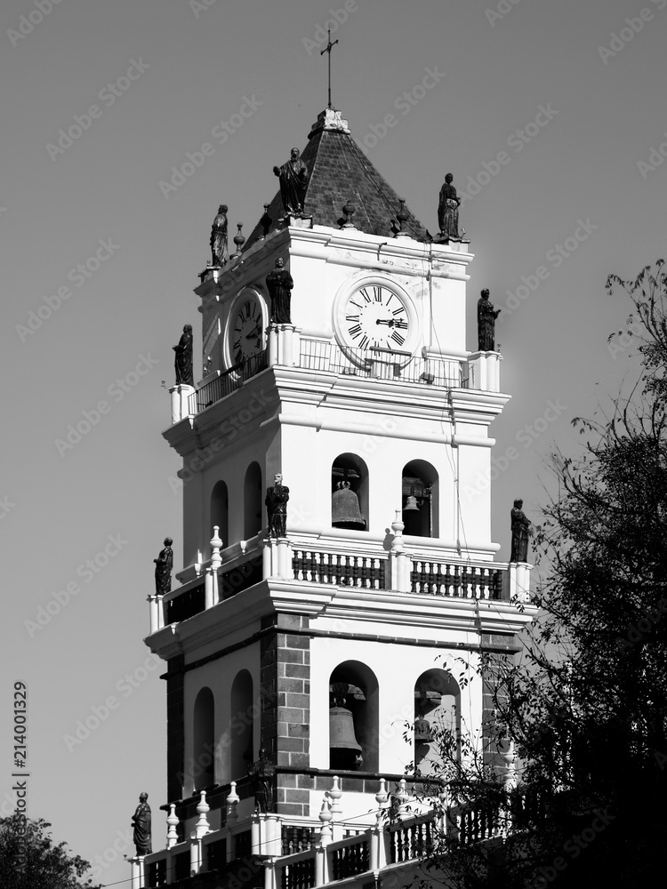 Bell tower of Sucre Cathedral, Sucre, Bolivia. Black and white image.