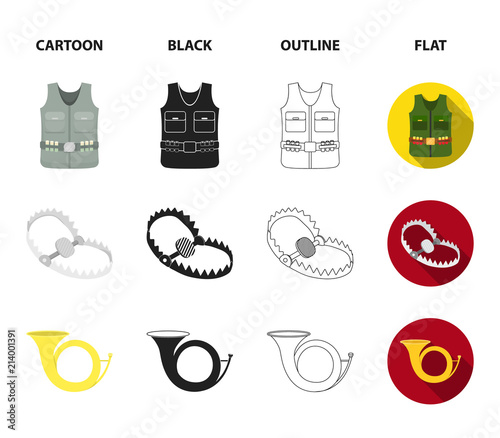 A trophy in his hand, a steel trap, a hunting vest with patronage, a horn..Hunting set collection icons in cartoon,black,outline,flat style vector symbol stock illustration web.