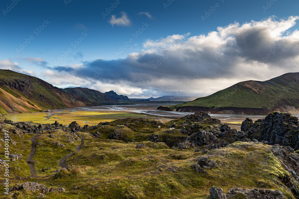 View from the lava field down to the campsite, Landmannalaugar in Iceland