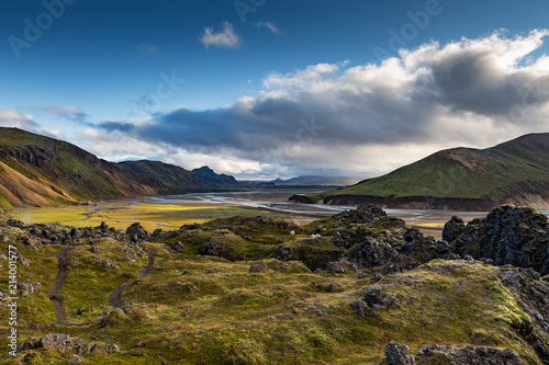 View from the lava field down to the campsite, Landmannalaugar in Iceland