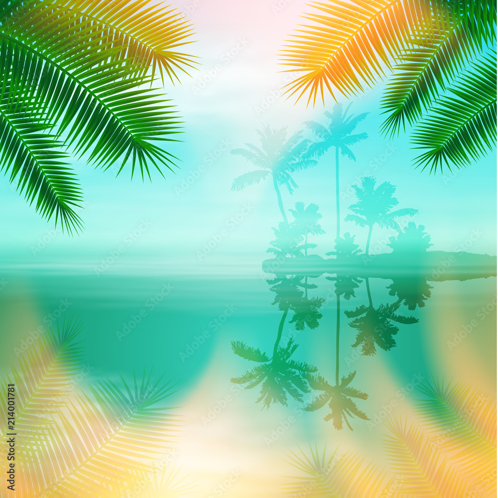 Sea with island and palm trees. Tropical summer blue background. EPS10 vector.